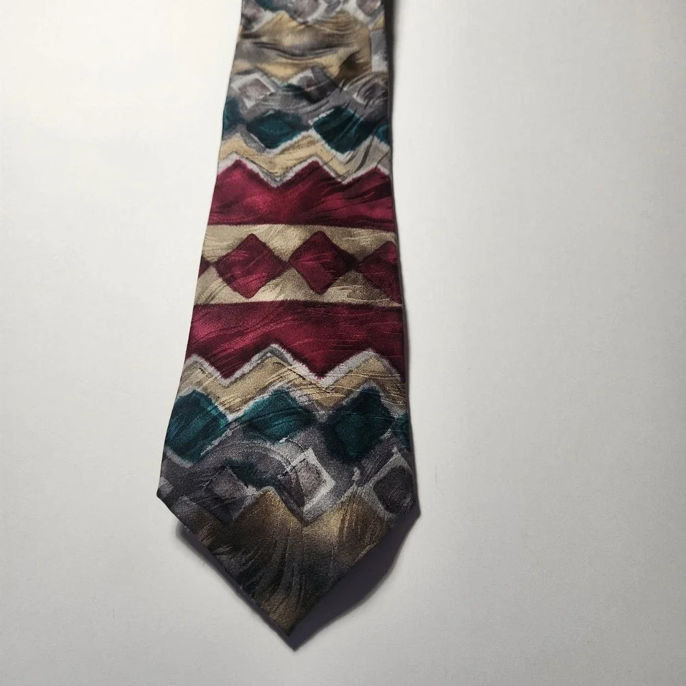 JT Beckett Mens Silk Tie Burgundy Teal Gold Geometric Southwest Abstract Vintage